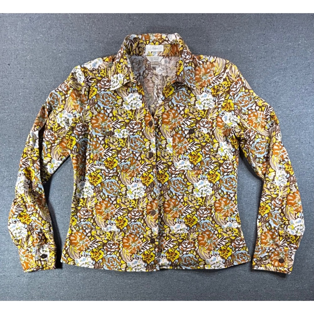 Christopher & Banks Floral Button Front Shirt Yellow Brown Stretch Small